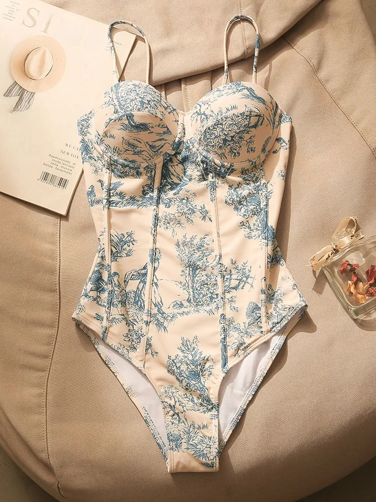 

Sexy Spicy Girl Faionable Swimsuit Strap Top Women Summer Retro Print Wrap Chest Vest Top High Waist ort P...