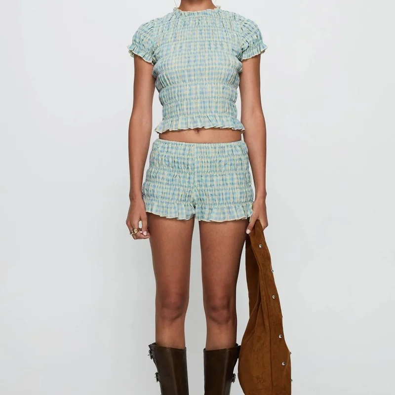 

Women Plaid Shirred Tank Top Shorts Set 2 Piece Lounge Pajamas Set Short Sleeve Pleated Cop Top Ruched Shorts Beach Set