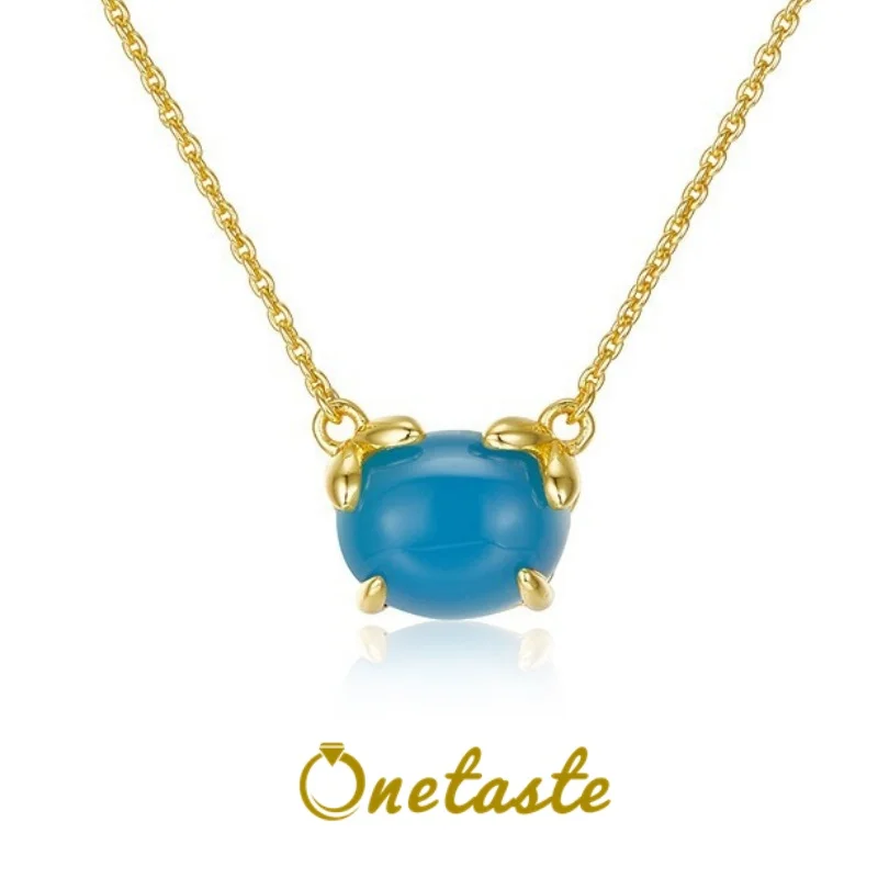 

Minimalist Trendy Solitaire Blue Agate 925 Silver Gold Plated Pendant Necklace Women Simple Oval Stone Layered Chokers Necklaces