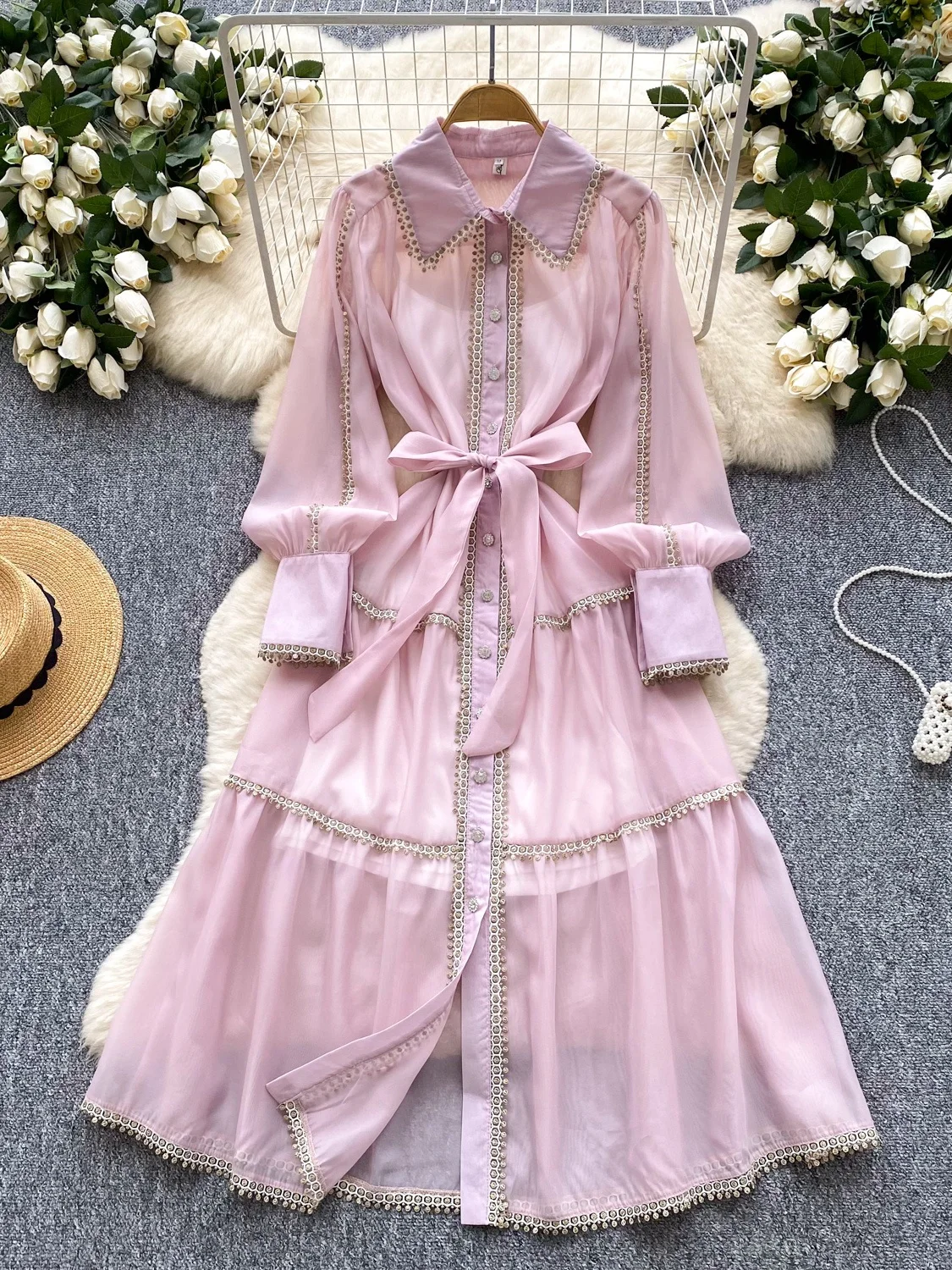 

Ele Lace Trimmed Lantern Sve Dr Women's Summer High Waist A-Line Midi Dr Single Button Design Fairy T Long Dr