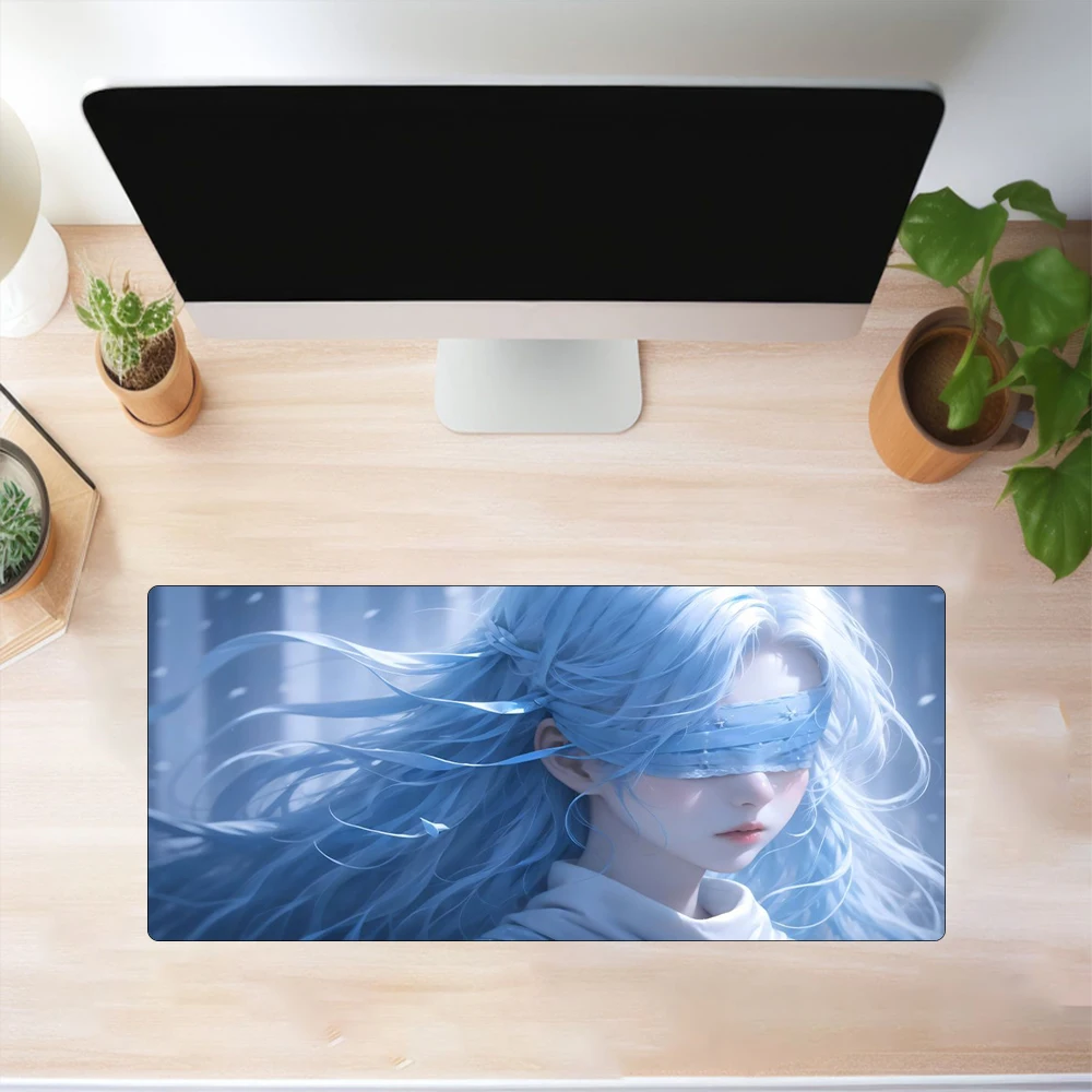 Kawaii Blindfolded Girl Big Mouse Pad 900x400 XXL Off-white Gaming Mouse Desktop Cute Gaming Accessories Office Work Mat