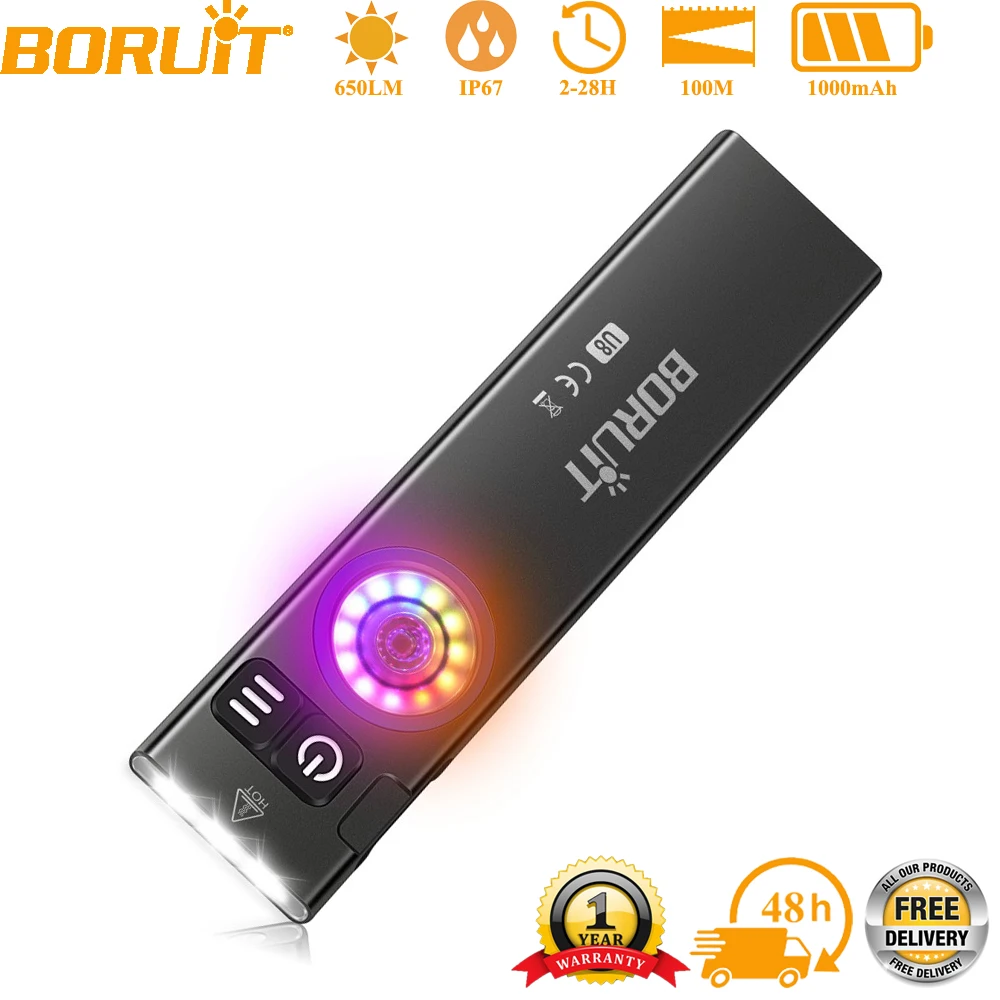 BORUiT U8 650LM LED EDC مصباح يدوي نوع C قابلة للشحن ضوء العمل الشعلة مع المغناطيسي مقاوم للماء التخييم في الهواء الطلق جيب فانوس