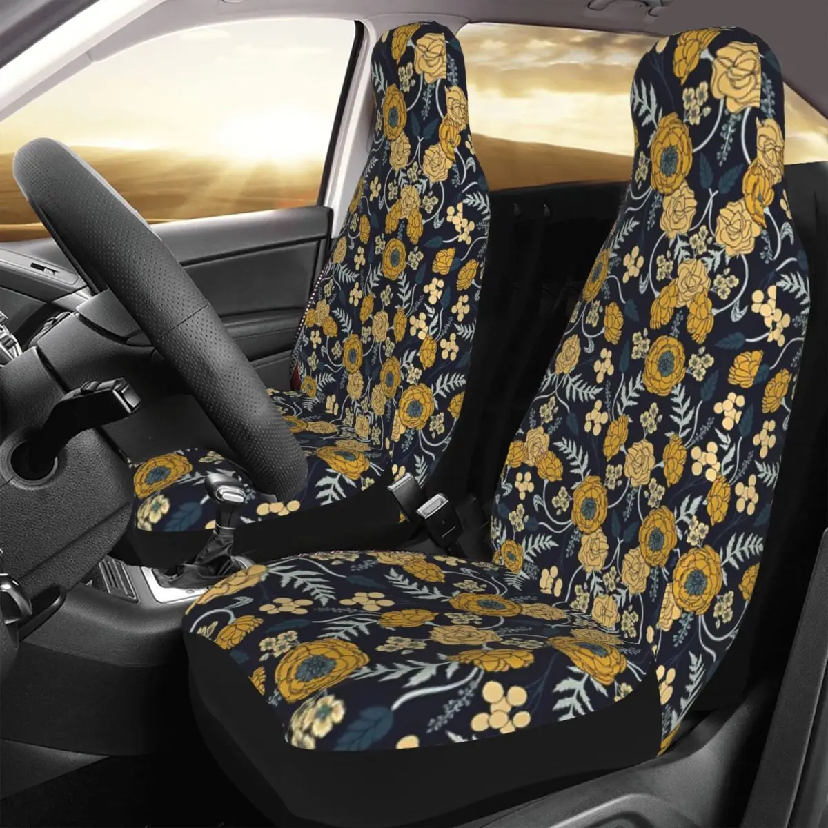 Navy Blue, Turquoise, Cream & Mustard Yellow Dark Floral  Car Seat Cover Universal Front Protector Accessories Cushion Set