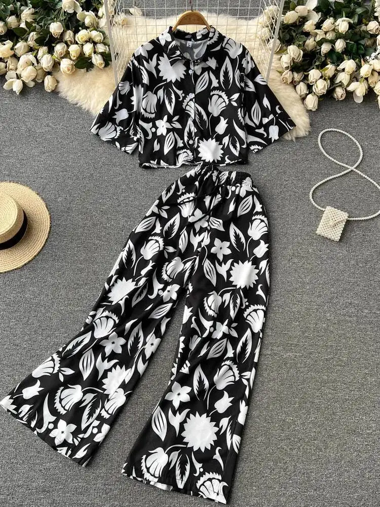 Women Printed Two Piec Sets Summer Short Sleeved Polo Collar Shirt Straight Leg Loose Long Pants Casual Suits Flroal Outfits