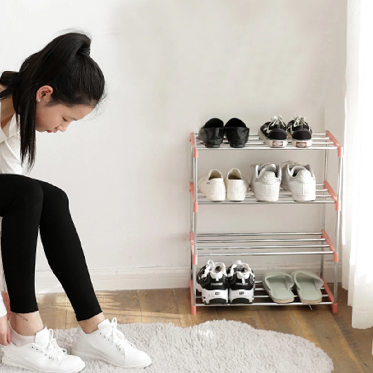 

Stainless Steel Multi-function Storage Rack Household 4 Tiers Shoes Shelf Slippers High Heels Holder Organizer (Random Color)