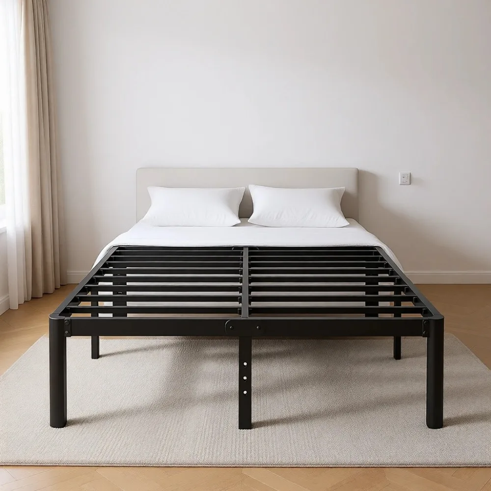 14 Inch High Queen Platform Bed Frame No Box Spring Heavy Duty Metal Round Corners Easy Assembly Noise Free Black