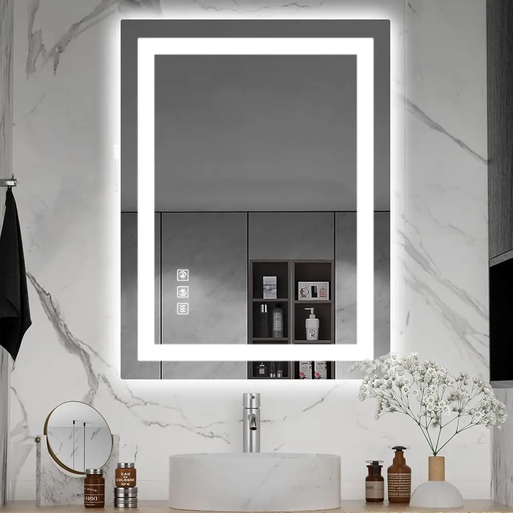 

Светодиодное зеркало для ванной комнаты, 24X32 H с подсветкой + туалетное зеркало для ванной комнаты с передней подсветкой и подсветкой для стены, двойные световые полосы, 3