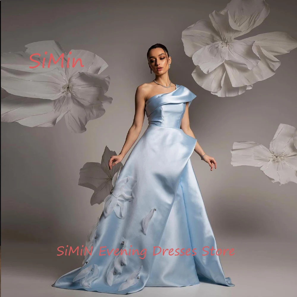 

Simin Saudi One-shoulder Ruffle Sleeveless A-Line Flower Satin Simple Floor-Length Arab Evening Party dresses for women 2024