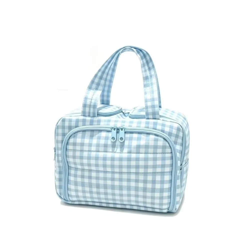 Large Capacity Cosmetic Organizer Bag Double Zipper Portable Design Travel Toiletry Bag Multi Compartments Checkered Pattern