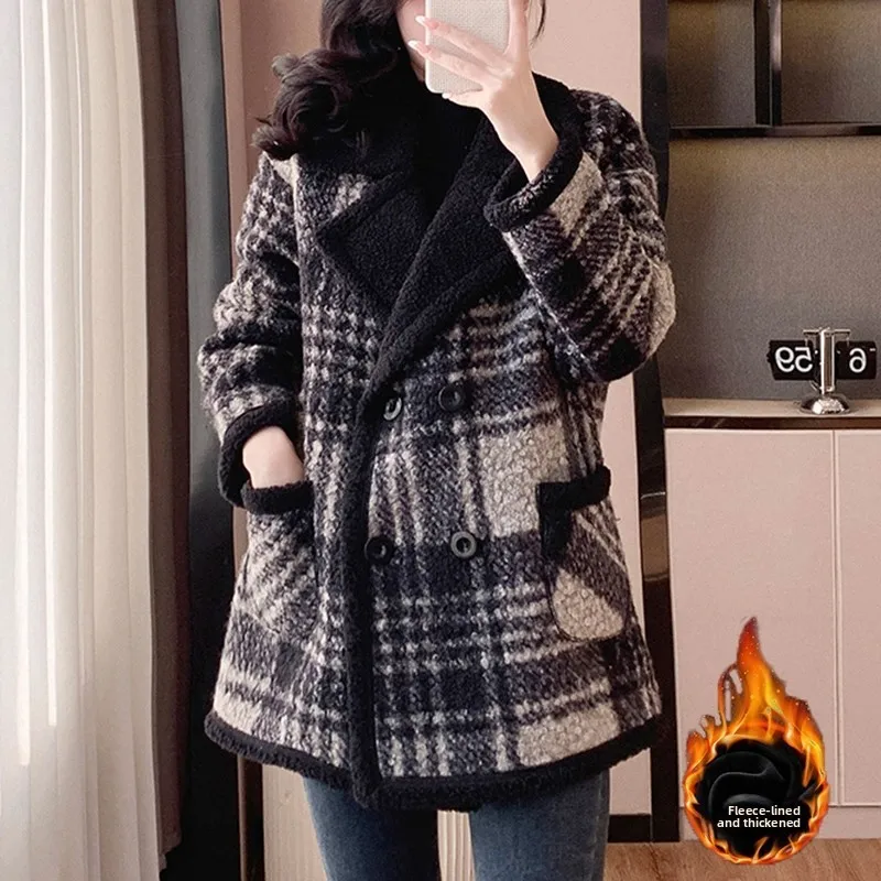 

Women's Woolen Coat Autumn Winter 2025 New Thiened Fluffy Medium Length Plaid Polyester Fiber Casual Faion Outerwear