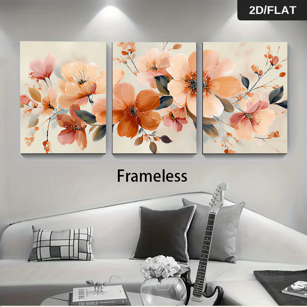 3PCS Large-sized frameless canvas paintings,1 set of three-panel frameless decorative paintings, abstract floral art home decora