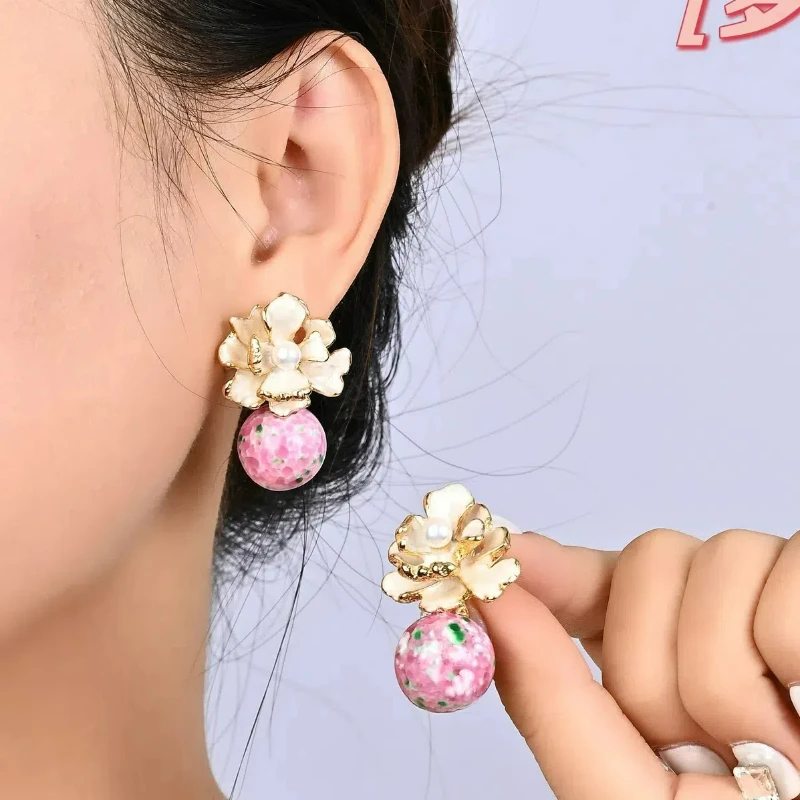 Fashion Trendy New Arrival Retro Pearl White Peony Flower Charming Pink and Green Coloured Glaze Camellia Stud Earrings for Girl