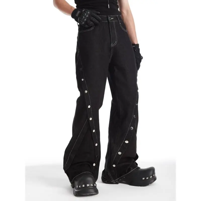 Men's 90s Y2k Punk Flared Jeans Black Thin Pants Street Boys Bottom Wide Legs Sweatpants Male High Waist Unisex Trousers