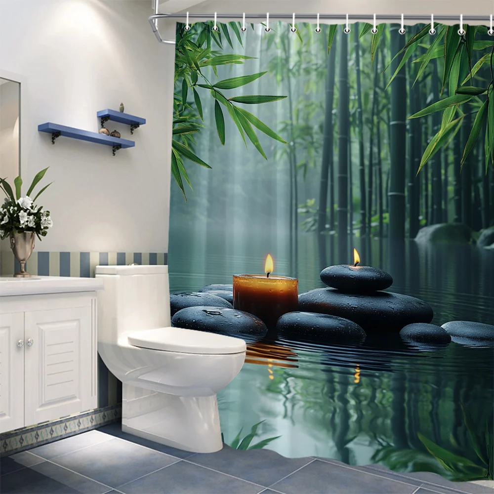 Soothing Bamboo Forest Shower Curtain for a Zen Bathroom, Featuring Tranquil Water, Stones, and Candles. This Serene 2