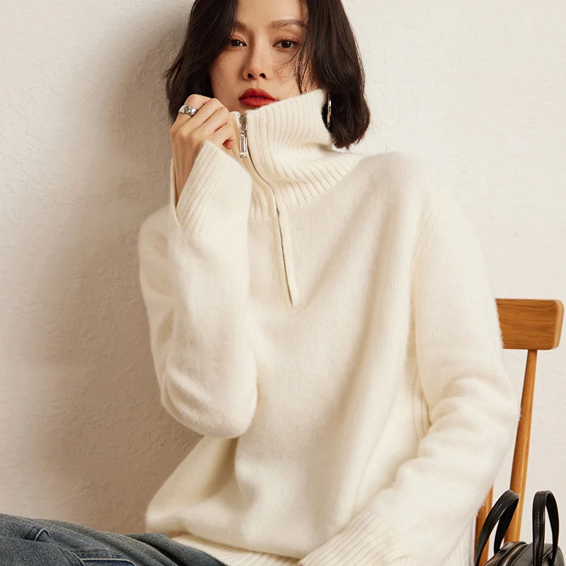

Высококачественный женский кашемировый свитер на осень-зиму, 100% кашемир, мягкий, свободный, с высоким воротником, пуловер, женский топ на молнии до середины груди