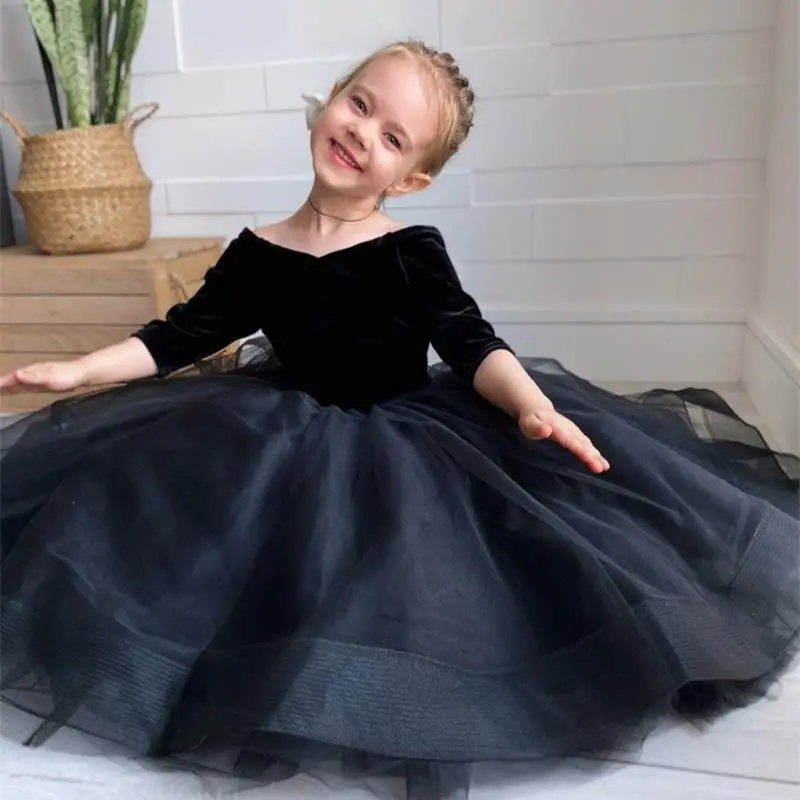 Schwarz Tutu Blume Mädchen Kleider Flanell EINE Linie Organza Bodenlangen Boho Halbarm Erste Kommunikation Kleid