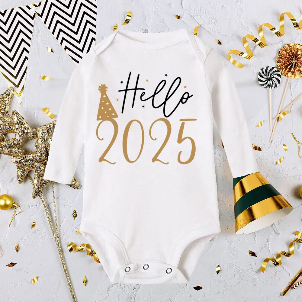 Hello 2025 Baby Rompers Newborn Long Sleeve Infant Jumpsuit It\'s My First New Year Baby Bodysuit Toddler New Year Ropa Clothes