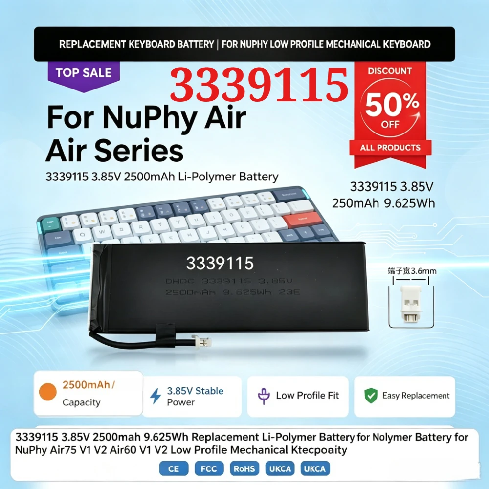 3339115 3.85V 2500mAh 9.625Wh Replacement Li-Polymer Battery for NuPhy Air75 V1 V2 Air60 V1 V2 Low Profile Mechanical Keyboard