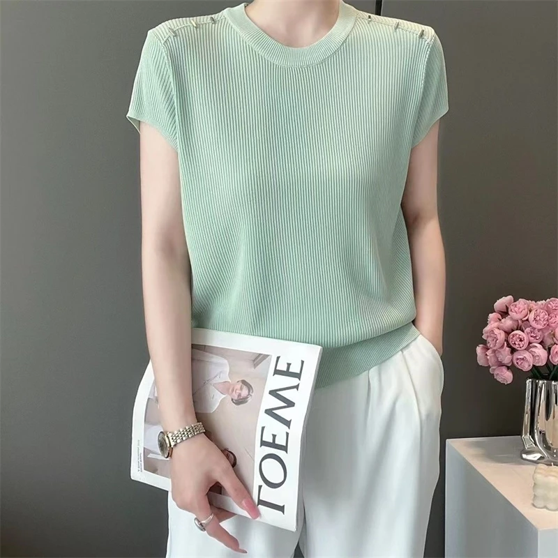 Women Clothing 2024 Summer Stylish Simple Casual Short Sleeve Rib Knit T-shirt Female Elegant Solid O Neck Loose Pullover Tops