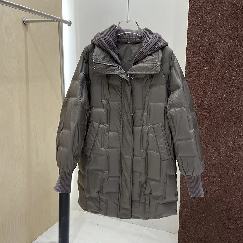 เสื้อโค้ทกันหนาวสำหรับผู้หญิง แจ็คเก็ตขนเป็ดสีขาว หมวกถักแบบถอดได้ ยาว อุ่น เรียบง่าย สบาย ลำลอง ไม่ซ้ำใคร อเนกประสงค์