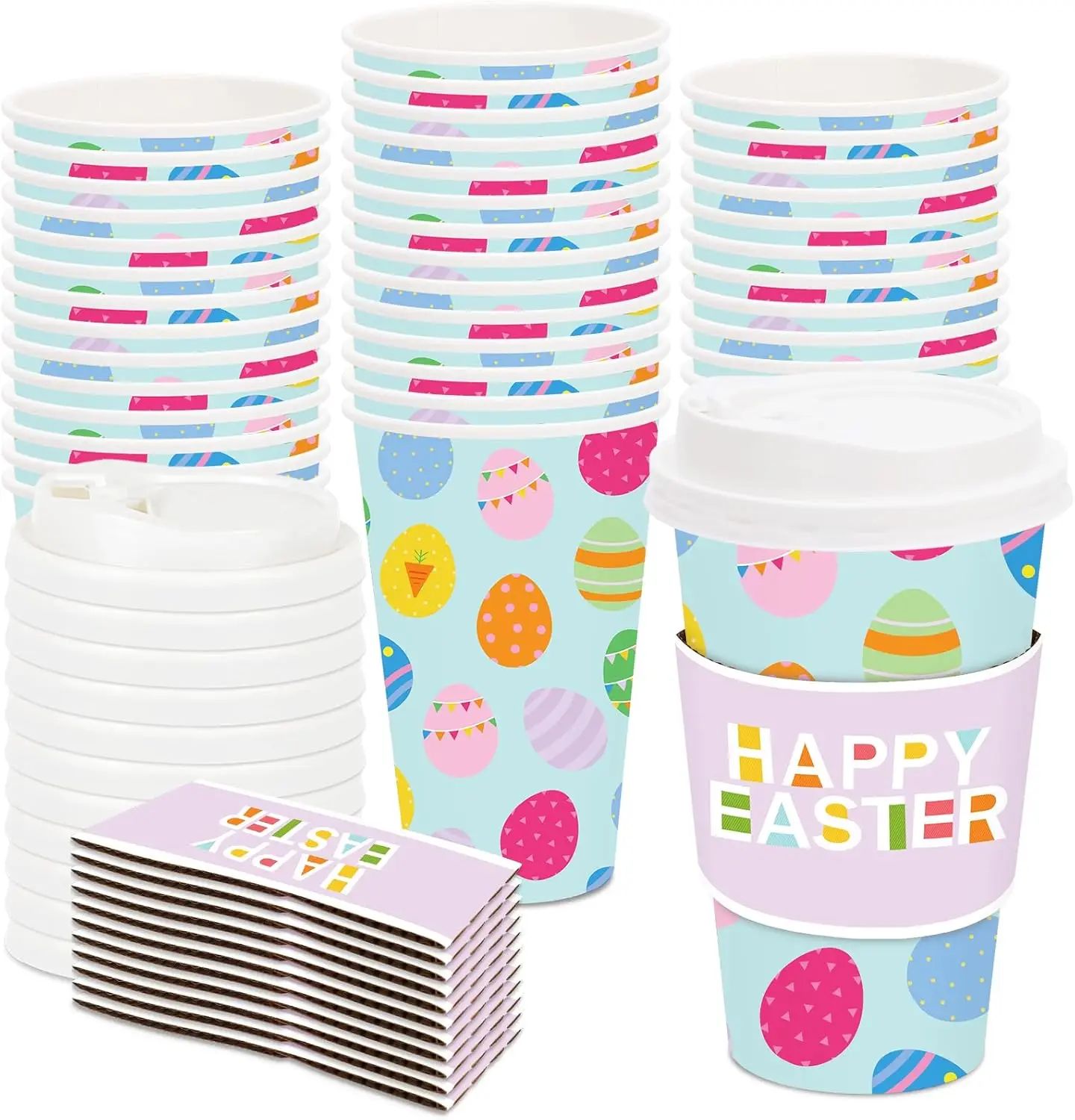 

48 Set Happy Easter Disposable Coffee Cups with Lids and Sleeves 16 Oz Colorful Cute Easter Eggs Paper Drinking Cups To