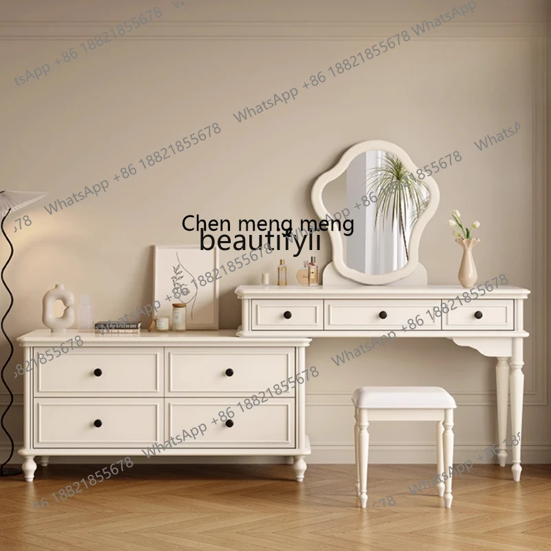 E153 White cream wind solid wood dresser light luxury makeup table telescopic storage chest integrated