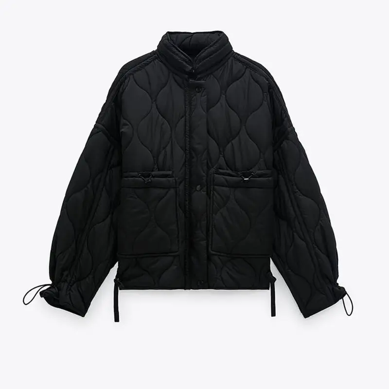 

Autumn and Winter Ladies Short Collar Black Diamond Lattice Short Strap Long Sleeve Cotton-padded Jacket