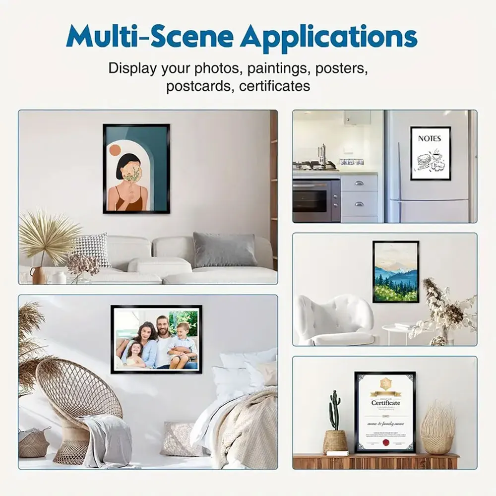 

5pcs black self-adhesive magnetic photo frames, reusable, suitable for wall decoration and advertising display.