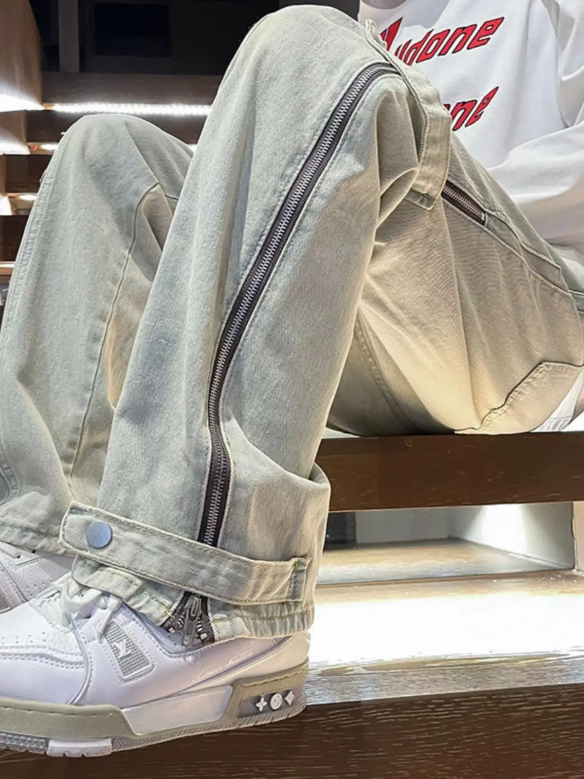 

Большой размер 300-мешо, желтые джинсы грязевого цвета с боковой молнией, мужские модные свободные джинсы для рабочей одежды, молодежные модные джинсы с водной талией