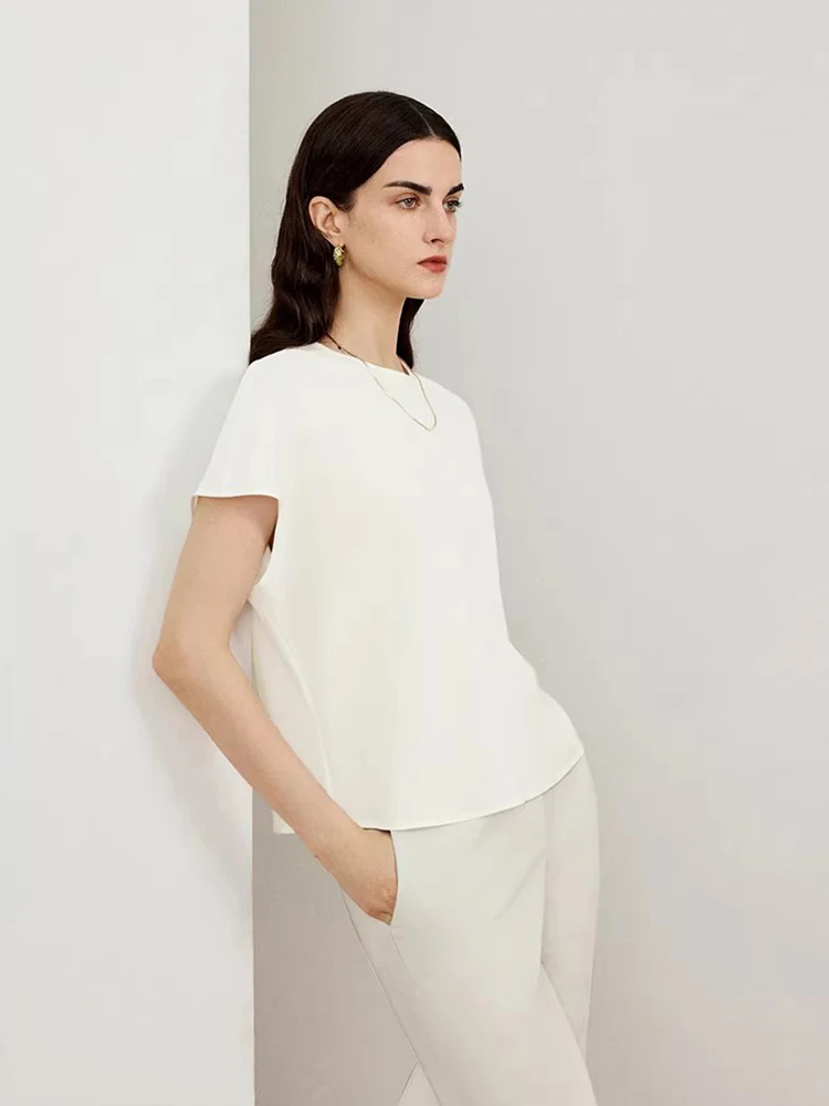 

Ningxia jian Ele Comfortable Acetate Satin round Ne ort Sve Top over oulder Sve Casual Summer Women's T-irt