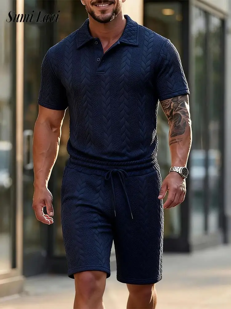 

Модные мужские костюмы из двух предметов с коротким рукавом, весенне-летние повседневные комплекты с лацканами и шортами, мужские наряды, винтажные жаккардовые текстурированные комплекты