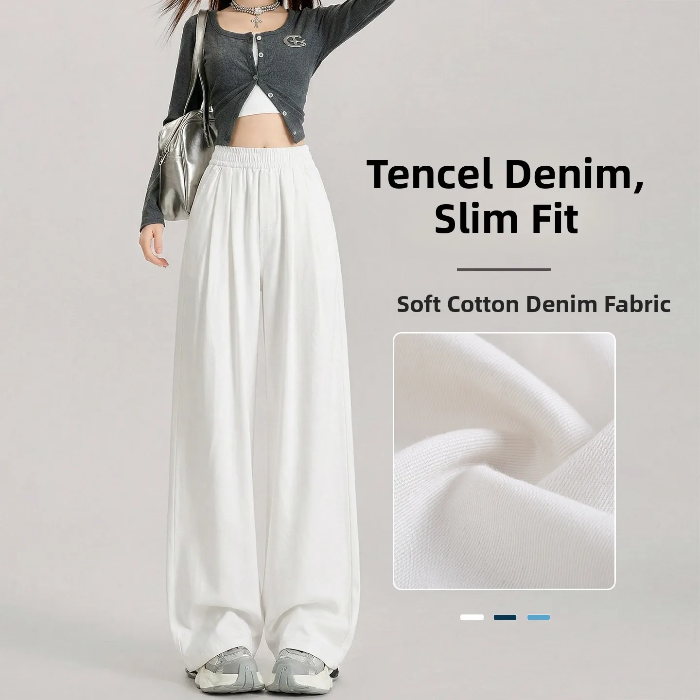 

White Straight Leg Wide Leg Jeans Women's New Style Versatile High Waist Loose Fit Denim Pants Slimming Effect Chinese Made