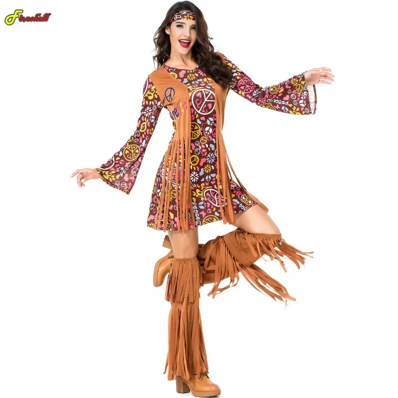 Women's Peace Love Hippie Costume Party 60s 70s Christmas 1960s Stage Performance Halloween Cosplay Indian Tassels Costumes JS35