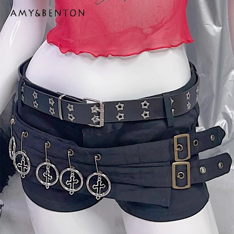 

Gothic Dark Y2K Hot Girl Subculture Women's Clothing European American Punk 2025 New Metal Buckle Black Sweet Cool Shorts Ladies