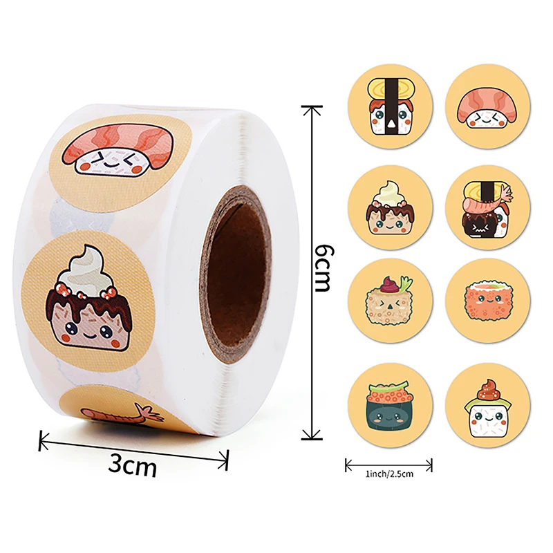 【1Roll 2,5 cm ronde cartoon sushi patroon sticker verjaardag bruiloft decor sticker gebakken dessert lunchbox label sticker】