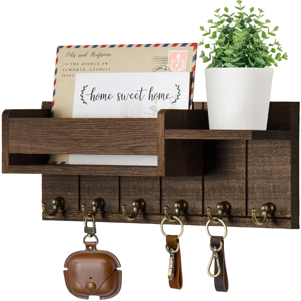 

Decorative key rack and mail organizer, rustic wooden key board with 6 key hooks