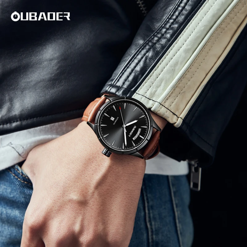 Imagem -03 - Oubaoer Militar Relógios Masculinos Automáticos Couro Dia Data Vestido Mecânico Relógio de Pulso à Prova Impermeável Água para Homens Exército Montre Homme