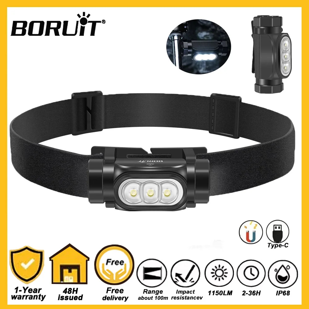 BORUiT HP130 LED Headlamp 1200LM Hight Bright Headlight Rechargeable Powerful Mini Torch Waterproof Camping Fishing Lantern