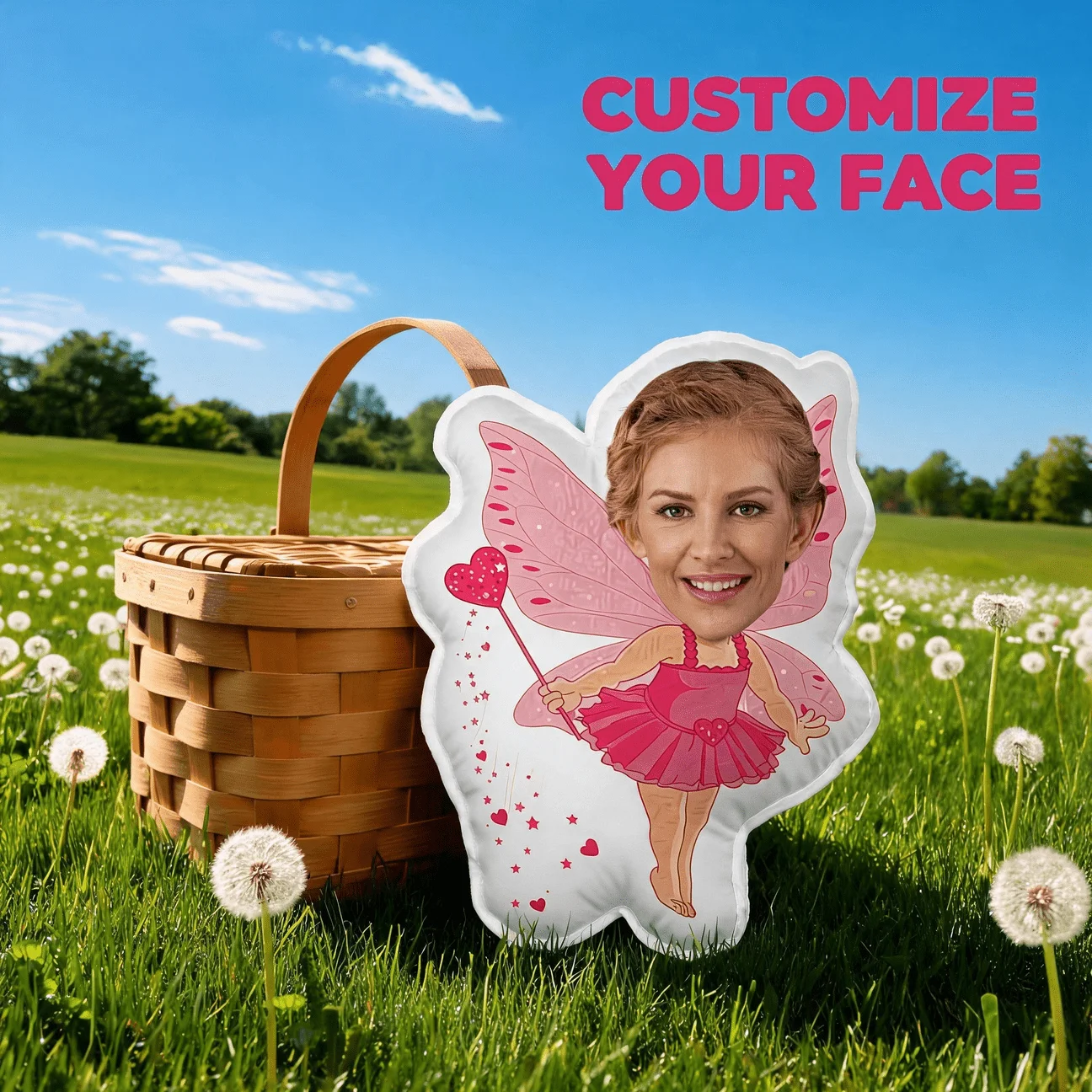 Custom Photo Fairy-Shaped Pillow, Personalized Face with Pink Wings & Wand Decorative Cushion, 70CM Novelty Home Decor Accent fo