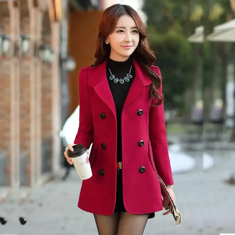 Autumn Winter Women Double Breasted Woolen Coat Solid Color Lapel Slim Fit Short Ladies Wool Jacket S-3XL