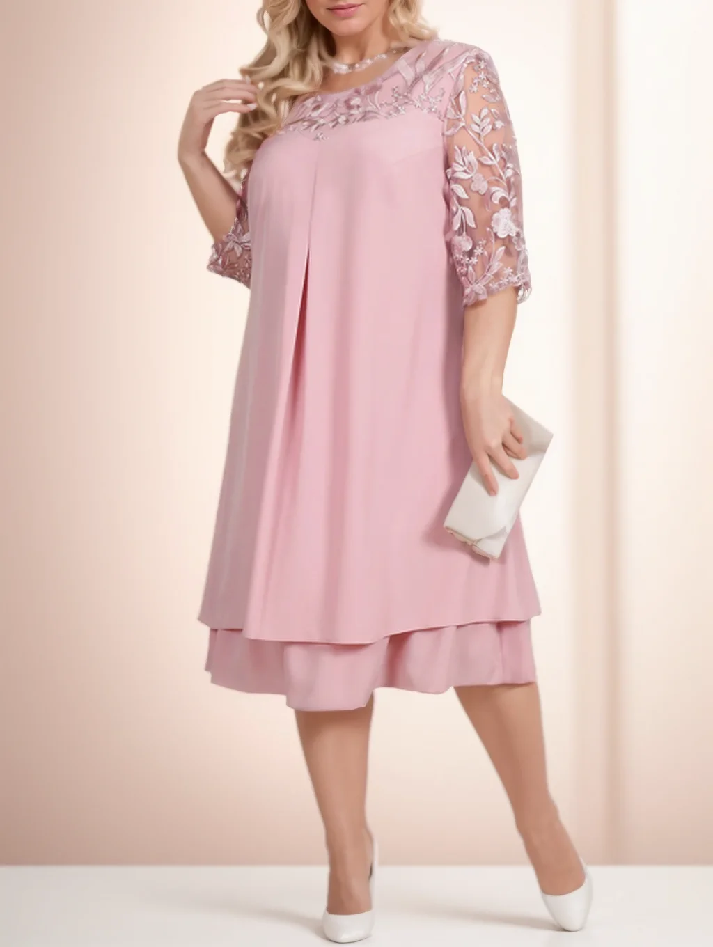 Vestido de Noite Elegante com Mangas Meio Renda - Vestido Maxi Modesto de Chiffon para Convidada de Casamento/Mãe da Noiva