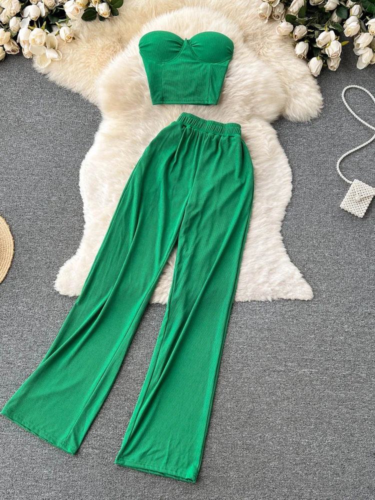 Summer Sexy Two Piece Set Women Pants Suit Strapless Camis Tops & High Waist Loose Pants New Fashion Y2k Suit