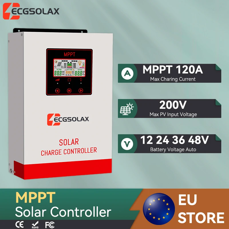 Contrôleur de charge solaire MPPT ECGSOLAX 120A 12V 24V 36V 48V, entrée PV automatique 200V, ventilateur intégré, compatible lithium