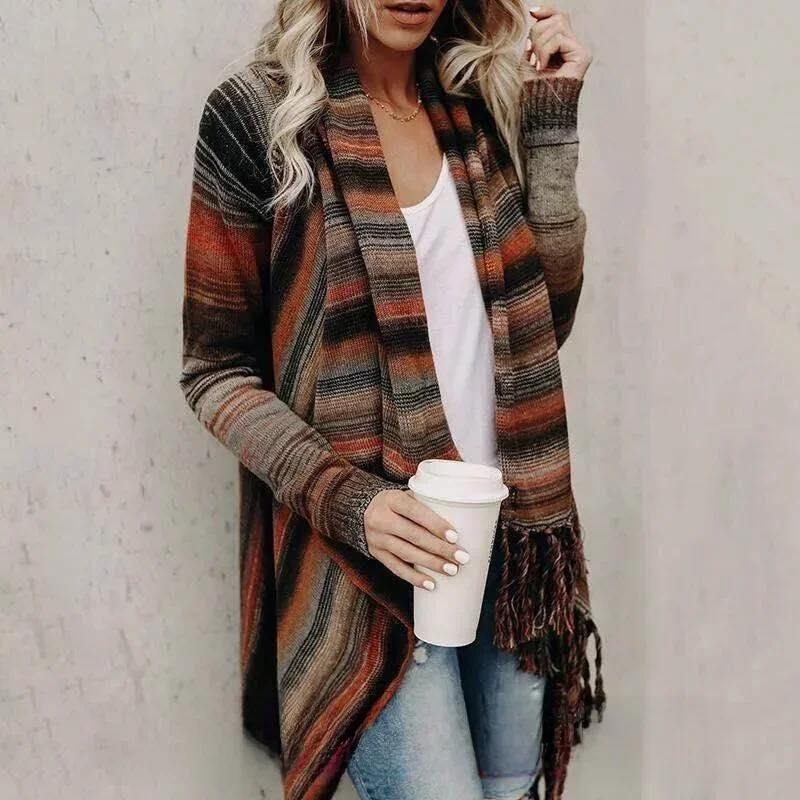 

2025 New Arrival Faionable Trimmed Cardigan Sweater Midi Length Slim Fit Striped Outerwear Women's Knittedwear Autumn