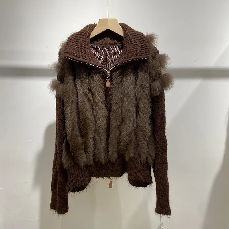 Women Autumn Chocolate Real Fox Fur Decoration High Collar Sweater Knitted Mandarin Collar Overcoat