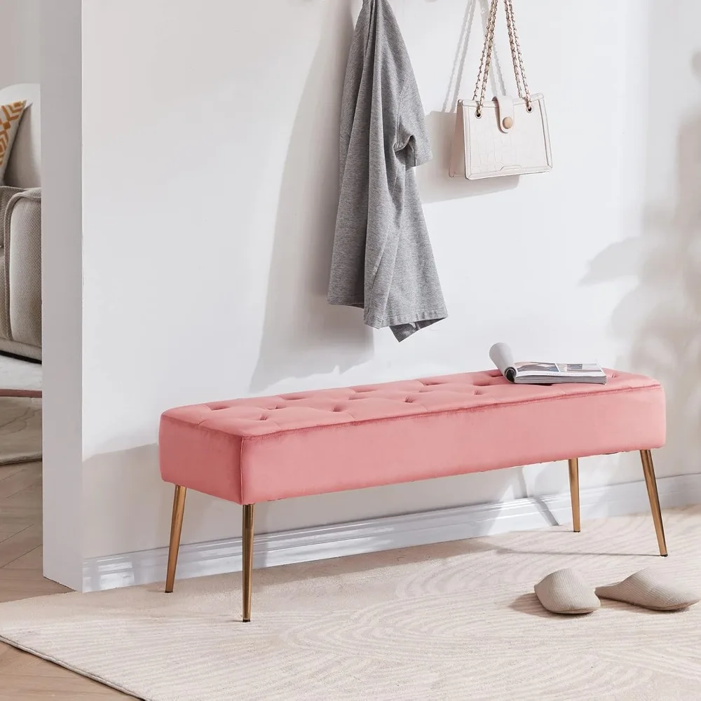 مقعد عثماني منجد بأزرار مخملية، مقعد تخزين نهاية السرير لغرفة النوم مع قاعدة ذهبية لديكور غرفة المعيشة في المدخل #4