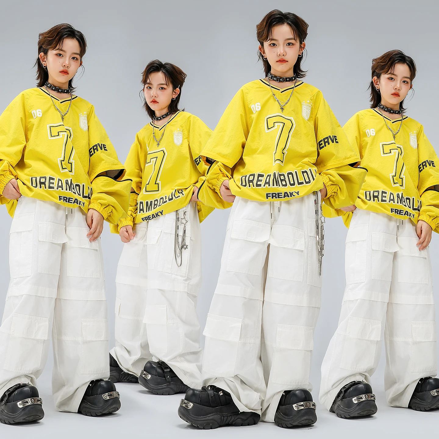 

Одежда для мальчиков в стиле хип-хоп: желтый свободный свитшот, камуфляжные брюки карго, комплекты одежды K-pop для девочек, детские джазовые костюмы, детская уличная одежда