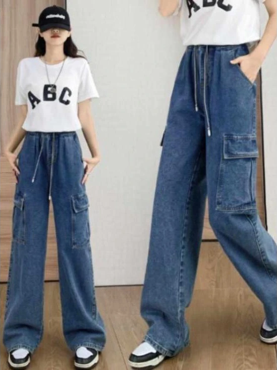 

High Waist Wide Leg Jeans Loose Slim Elastic Waist Straight Leg Denim Women Suitable for Pear aped Body Multiple kets Wo...