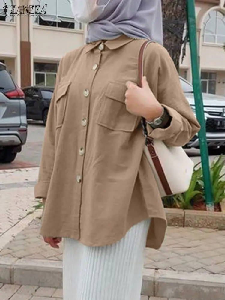 

ZANZEA Women Fashion Lapel Neck Long Sleeve Blouse Autumn Buttons Down Shirt Solid Islamic Clothing Casual Muslim Tops Blusas