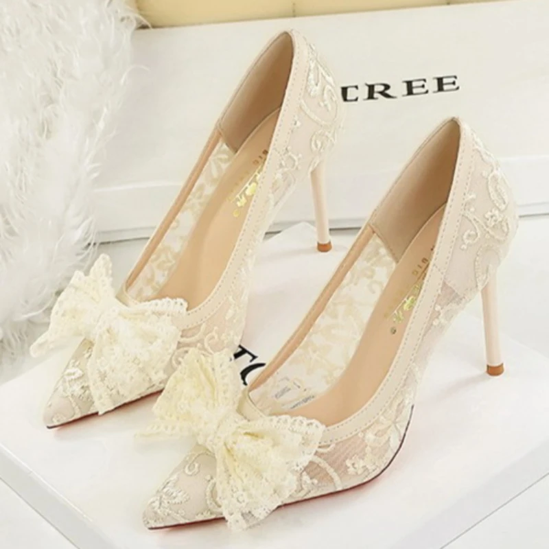 BIGTREE Shoes Women 9.5 Cm Heels Lace Mesh Women Pumps Bowknot High Heels Stiletto Sexy Party Shoes Fashion Lady Wedding Shoes view 5